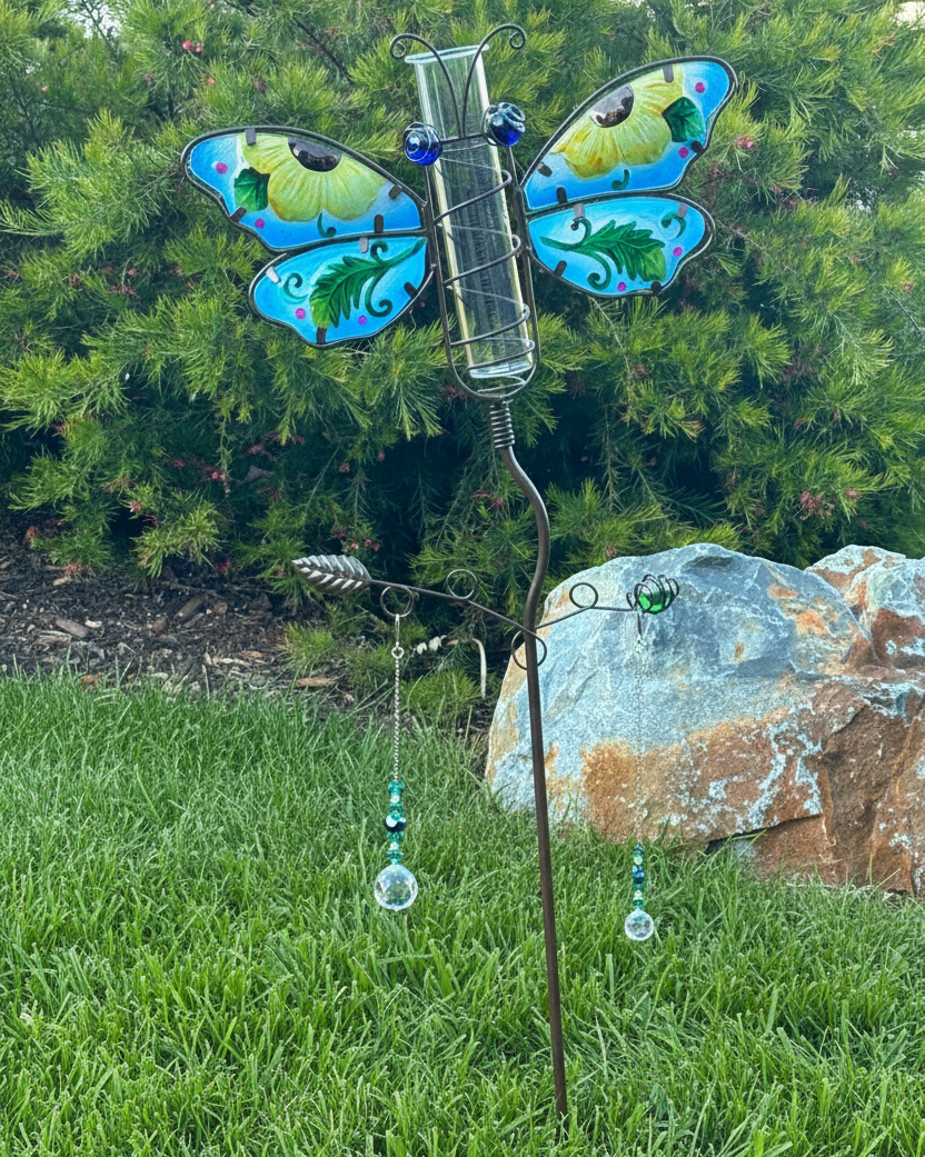 Stained Glass and Metal Butterfly Rain Gage