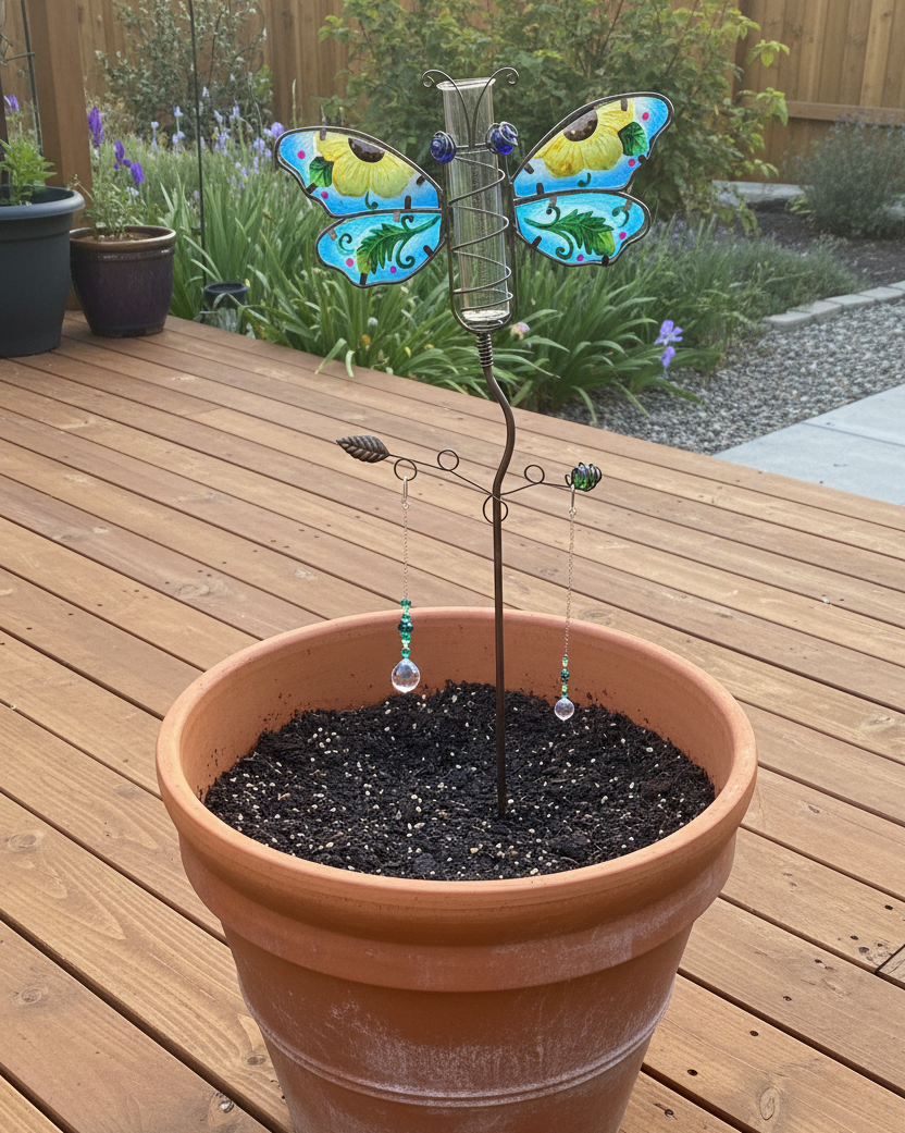 Stained Glass and Metal Butterfly Rain Gage