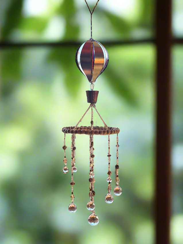 Hot Air Balloon Suncatcher Mobile on Wood Beaded Hoop