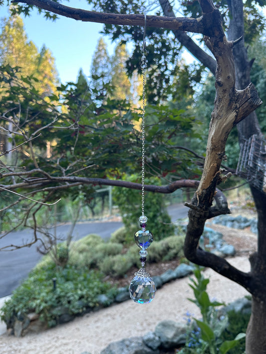 Light Purple Glass Heart Suncatcher with Glass Faceted Bead Accents