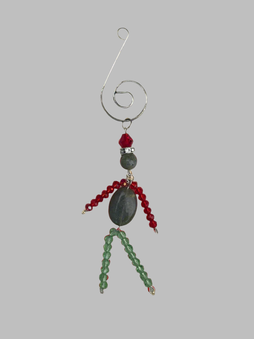 Christmas Elf Ornament With Labradorite, Green and Red Glass