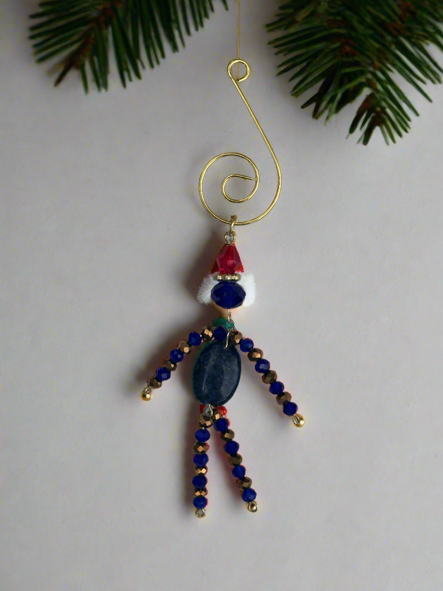Christmas Elf Ornament With Sodalite, Blue and Gold Faceted Glass