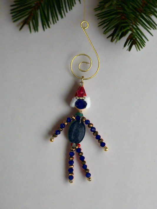 Christmas Elf Ornament With Sodalite, Blue and Gold Faceted Glass