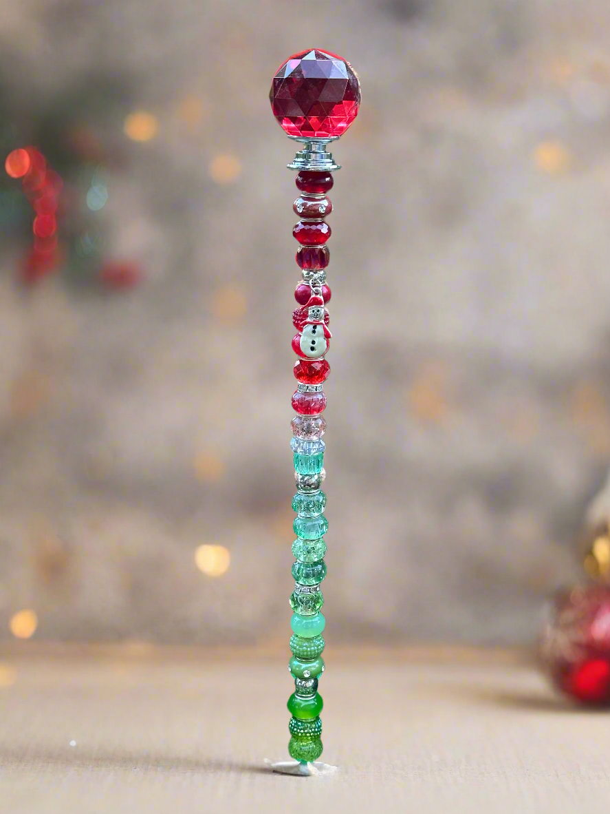 Christmas Fairy Stick in Reds and Greens with Snowman Charm