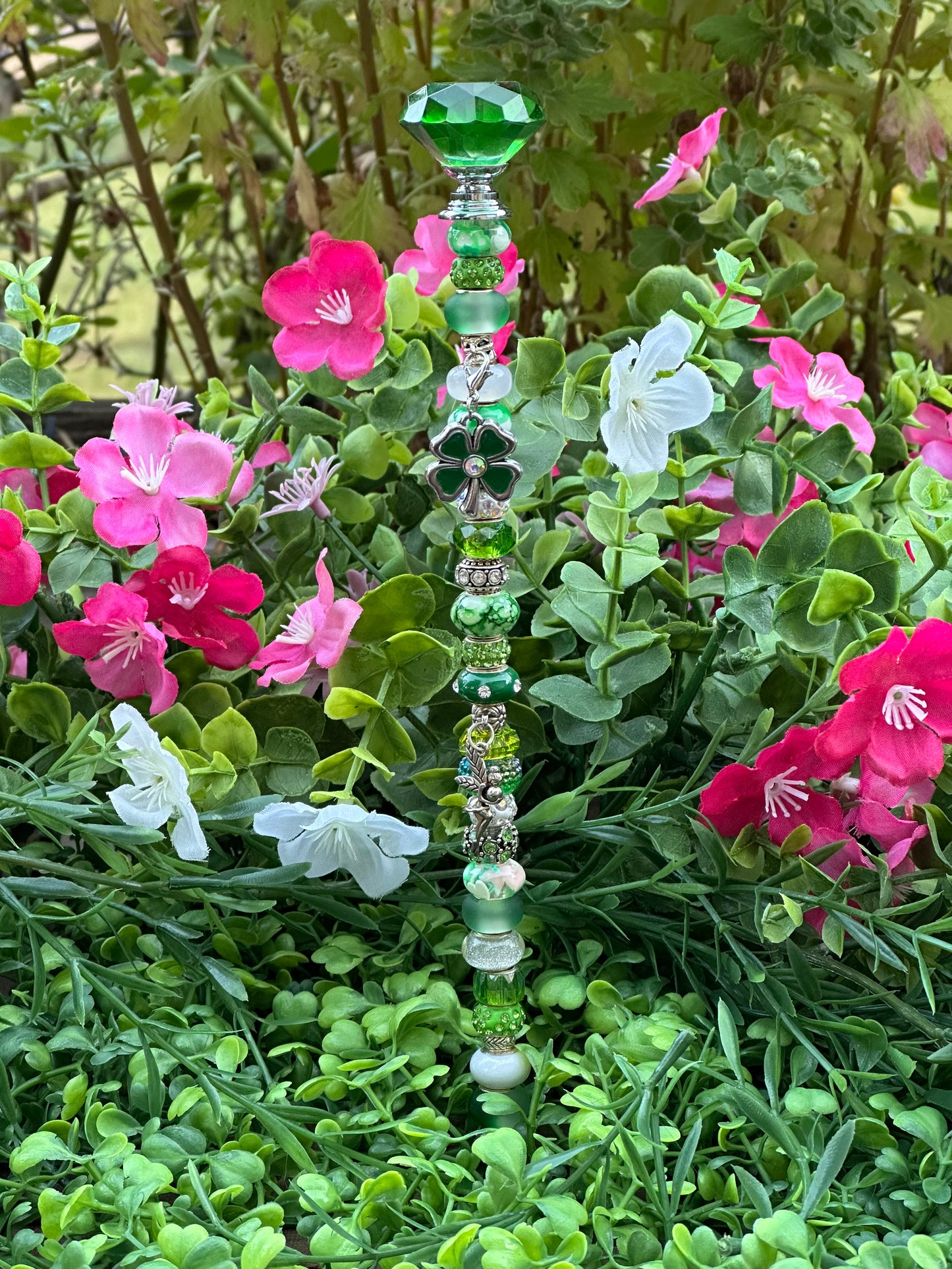 Fairy Stick in Shades of Green and White With Fairy and Four Leaf Clover Charms