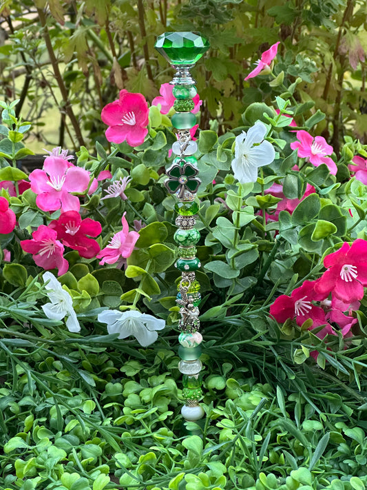 Fairy Stick in Shades of Green and White With Fairy and Four Leaf Clover Charms