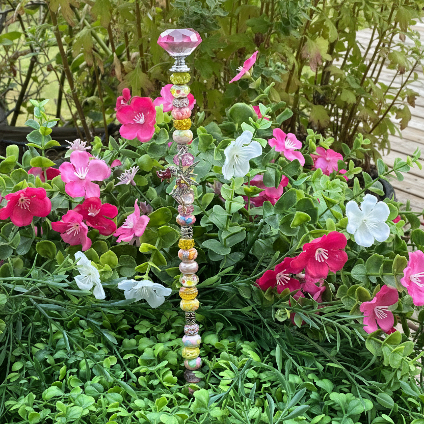 Fairy Wand Garden Stake in Pinks and Yellows with Silver Fairy Charm