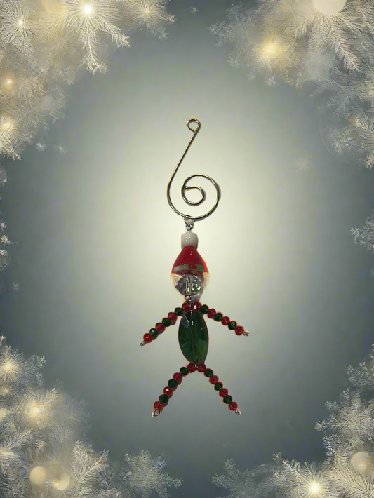 Christmas Elf Ornament With Green, Red and Clear Faceted Glass Wearing a Santa Hat