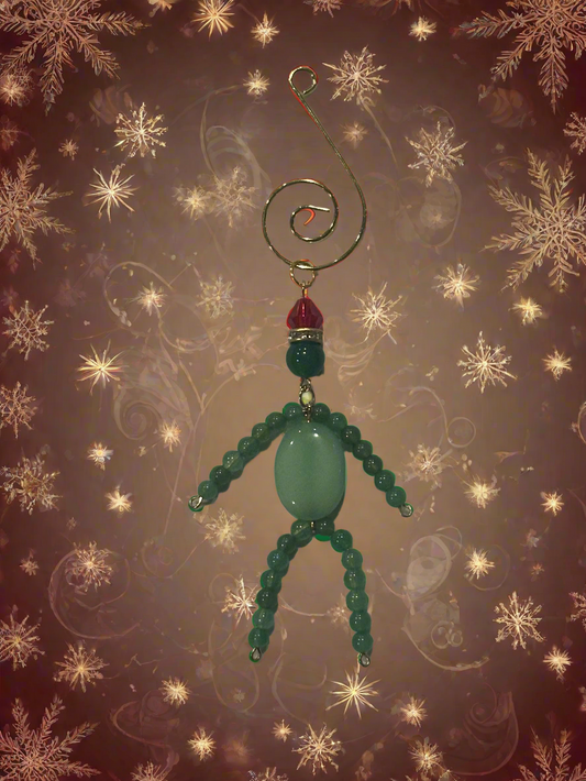 Christmas Elf Ornament with Green Aventurine, Quartz and Green Faceted Glass
