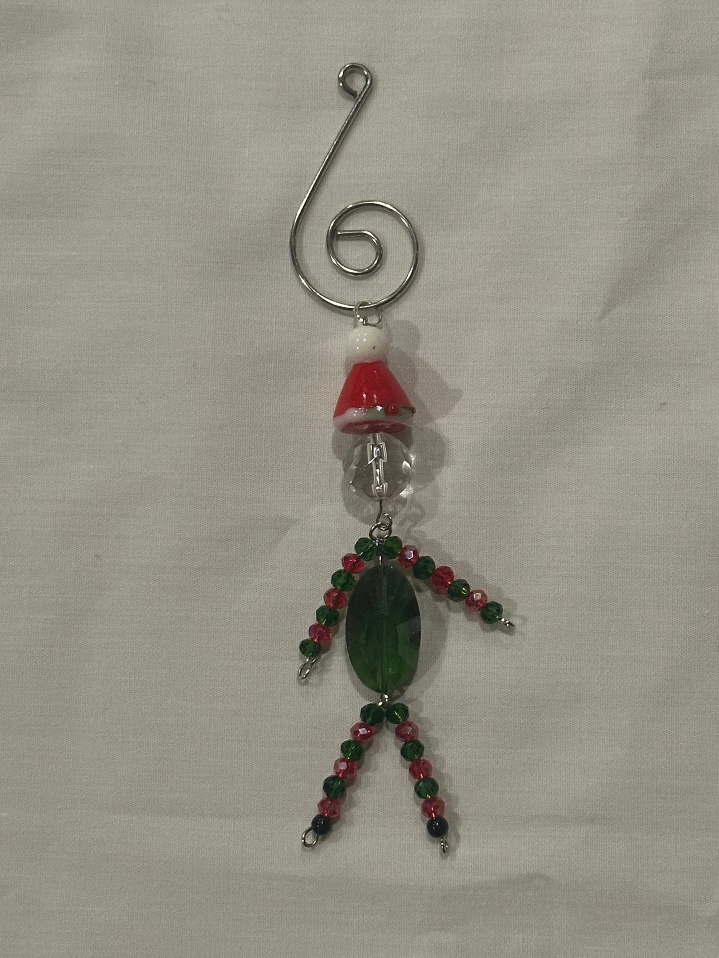Christmas Elf Ornament With Green, Red and Clear Faceted Glass Wearing a Santa Hat