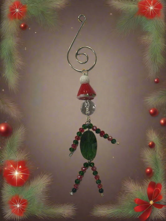 Christmas Elf Ornament With Green, Red and Clear Faceted Glass Wearing a Santa Hat