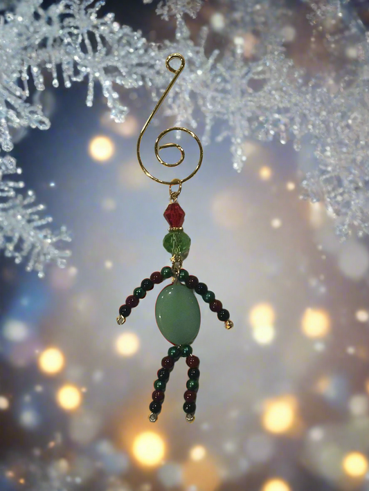Christmas Elf Ornament With Quartz, Black Jasper, Red and Green Glass Pearls