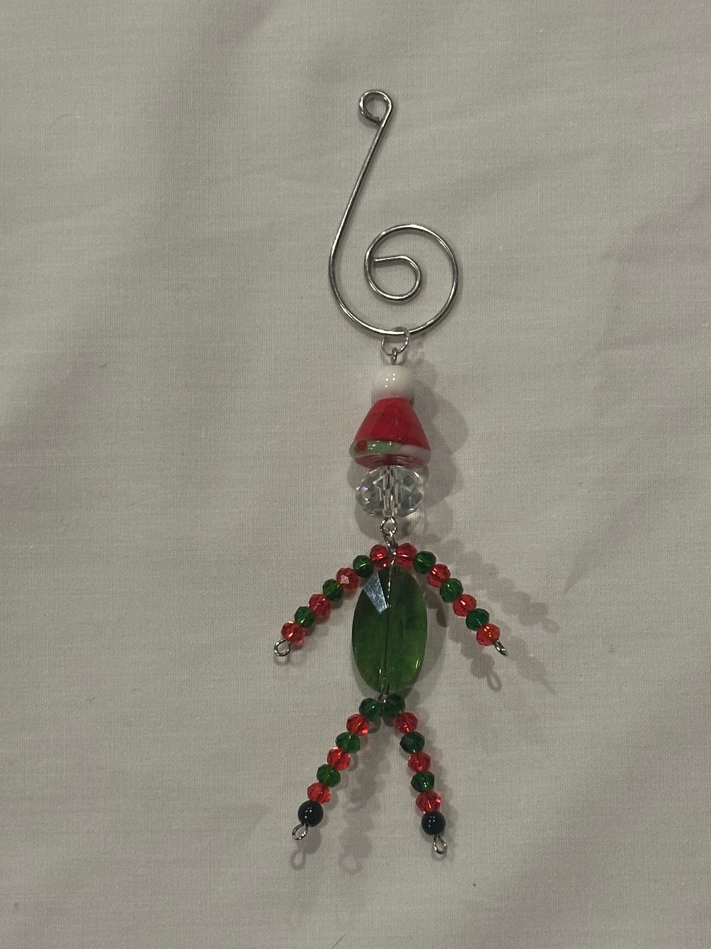 Christmas Elf Ornament With Green, Red and Clear Faceted Glass Wearing a Santa Hat