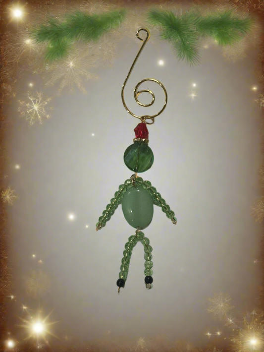 Christmas Grinch Elf Ornament With Quartz and Green Faceted Glass