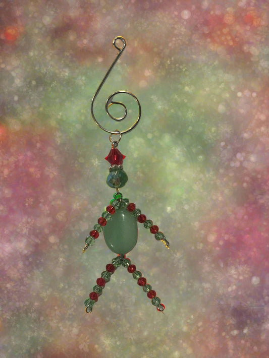 Christmas Elf Ornament With Green Quartz, Green and Red Faceted Glass