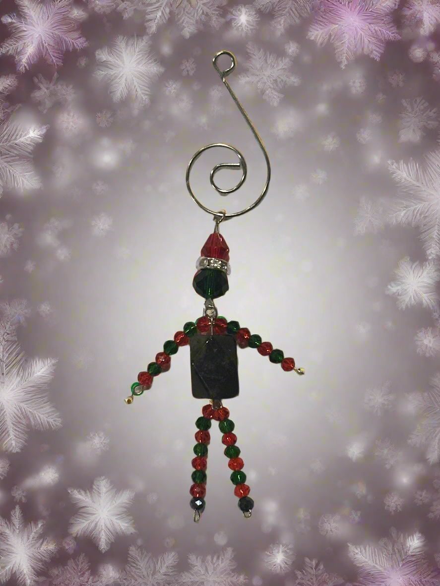 Christmas Elf Ornament with Agate, Red and Green Faceted Glass