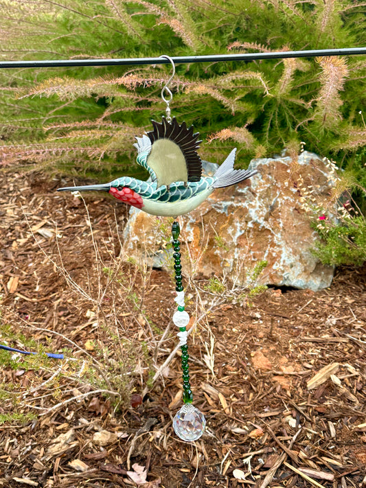 Hummingbird Suncatcher Featuring White Quartz and Green Aventurine