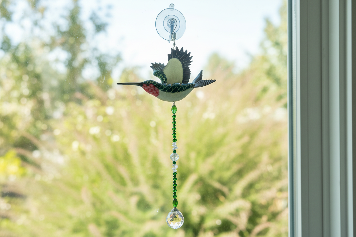 Hummingbird Suncatcher Featuring White Quartz and Green Aventurine