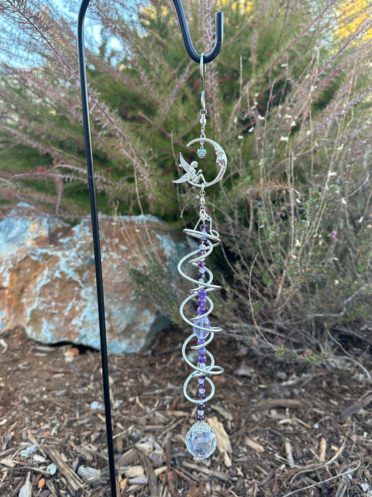 Silver Spiral Suncatcher featuring a Silver Fairy perched on a Crescent Moon