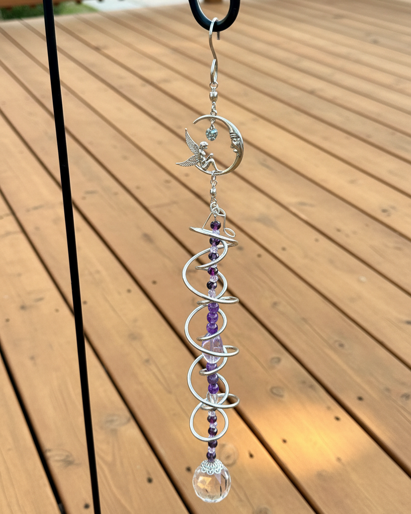 Silver Spiral Suncatcher featuring a Silver Fairy perched on a Crescent Moon