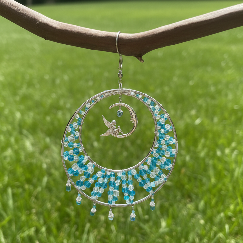 Blue and Clear Faceted Glass Crystal Suncatcher with Fairy on a Crescent Moon