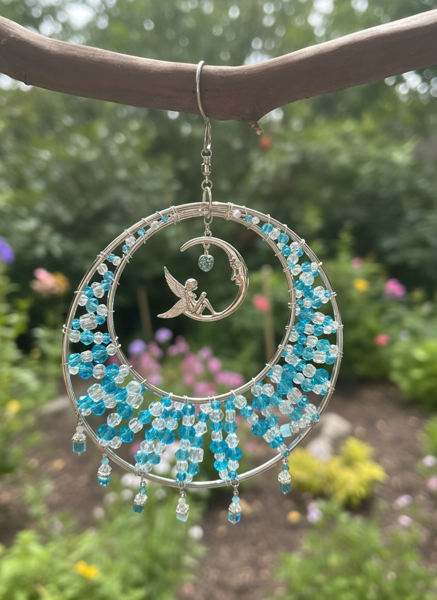 Blue and Clear Faceted Glass Crystal Suncatcher with Fairy on a Crescent Moon