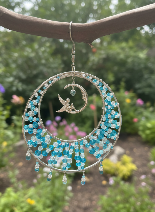 Blue and Clear Faceted Glass Crystal Suncatcher with Fairy on a Crescent Moon