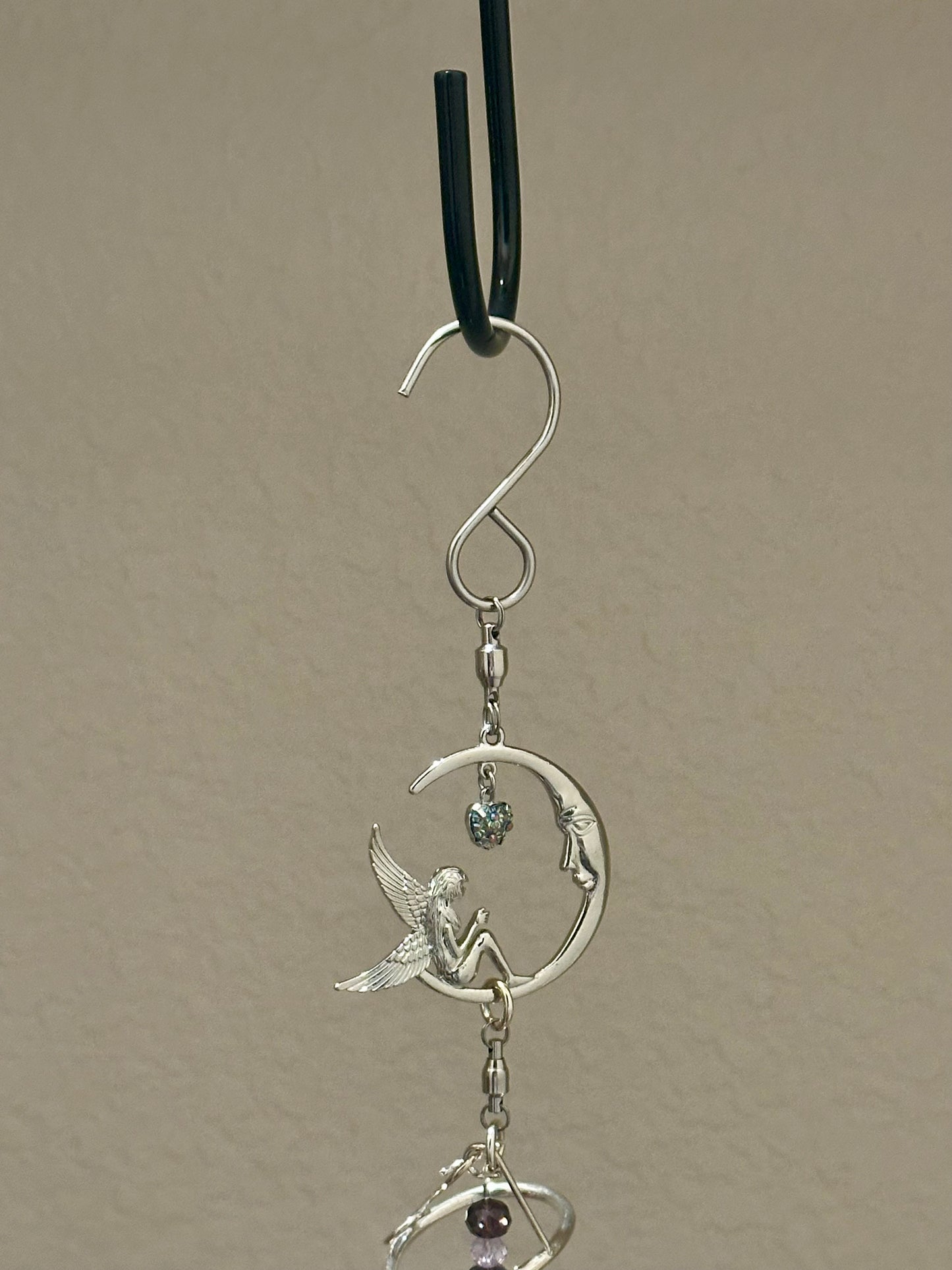 Silver Spiral Suncatcher featuring a Silver Fairy perched on a Crescent Moon