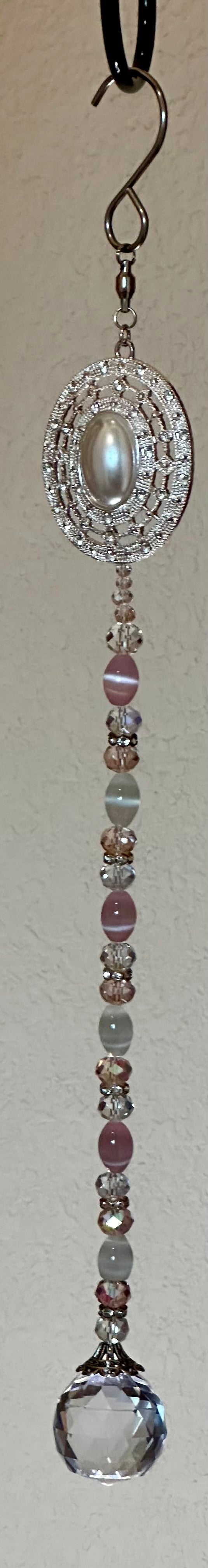 Pink, White and Clear Glass Suncatcher With Silver, White and Rhinestone Top