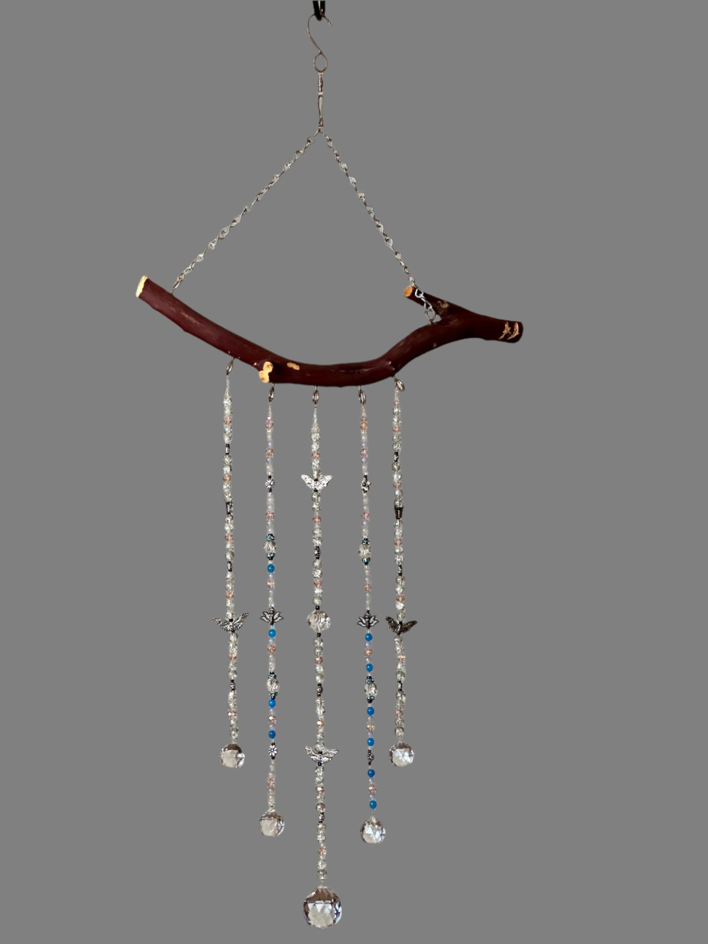 Manzanita 5 String White, Pink and Blue Suncatcher Mobile With Butterfly and Flower Accents