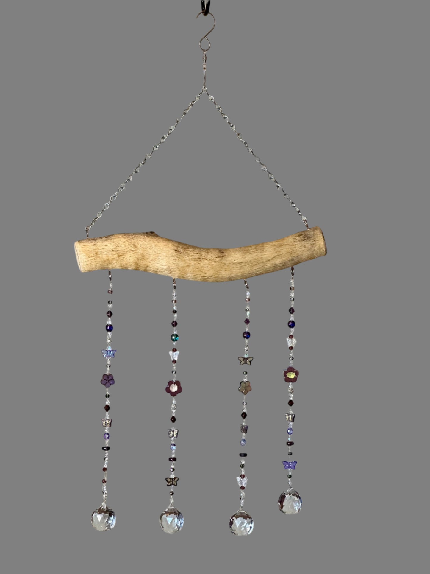 Purple and Clear Glass and Crystal Bead Suncatcher Mobile on Oak Featuring Butterflies and Flowers