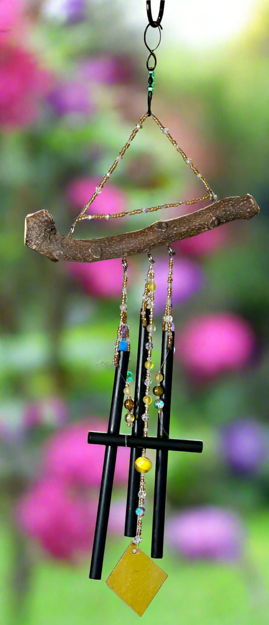 Wind Chimes With Gold Seed Beads, Clear Glass Faceted Beads and Yellow Stained Glass