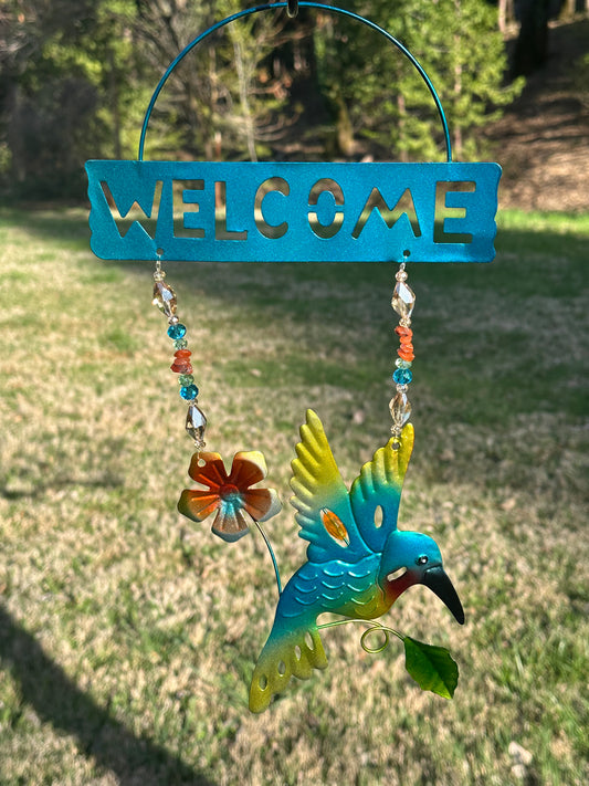 Blue Hummingbird Welcome Sign