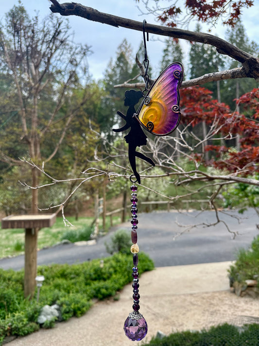 Purple and Yellow Fairy Suncatcher with Fluorite and Citrine Natural Stones