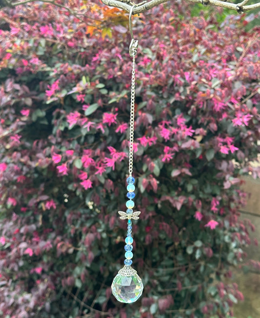 Blue Faceted Glass Dragonfly Suncatcher With Glass Moonstones Beads