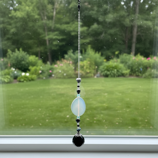 Black and White Heart & Agate Suncatcher with Black Crystal Prism