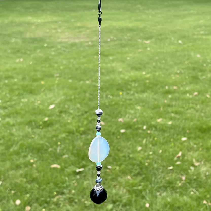 Black and White Heart & Agate Suncatcher with Black Crystal Prism