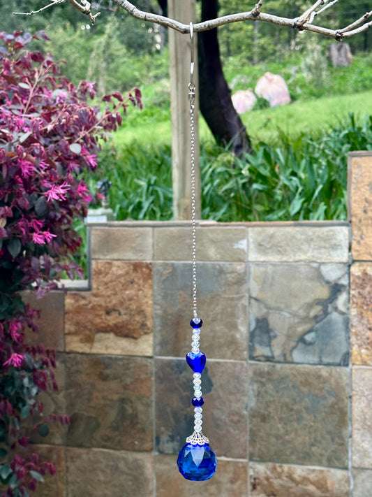 Blue and Clear Faceted Glass Suncatcher with a Blue Glass Heart