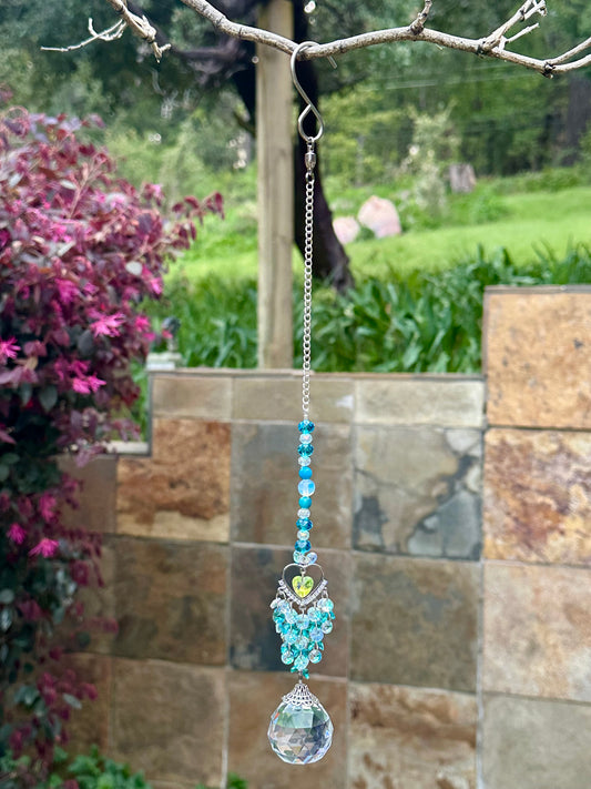 Turquoise, Blue Striped Agate and Clear Faceted Glass Suncatcher