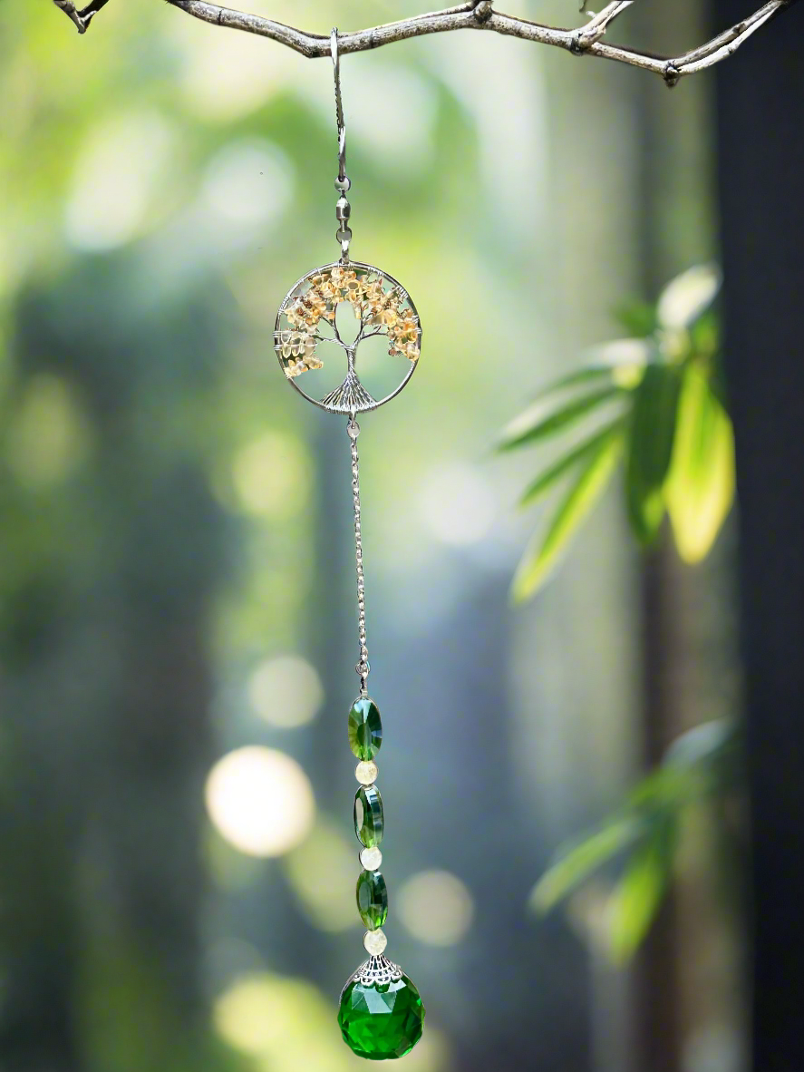 Citrine Tree of Life and Green Faceted Glass Suncatcher