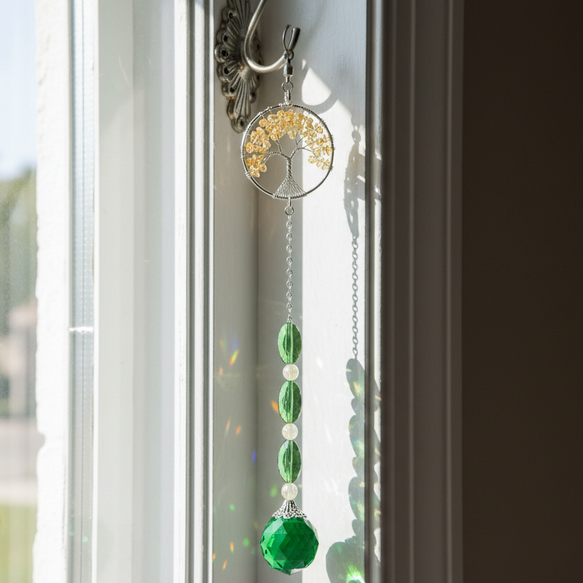 Citrine Tree of Life and Green Faceted Glass Suncatcher