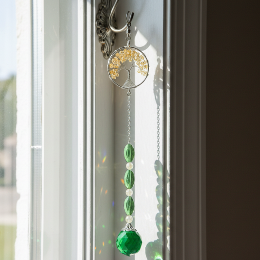 Citrine Tree of Life and Green Faceted Glass Suncatcher