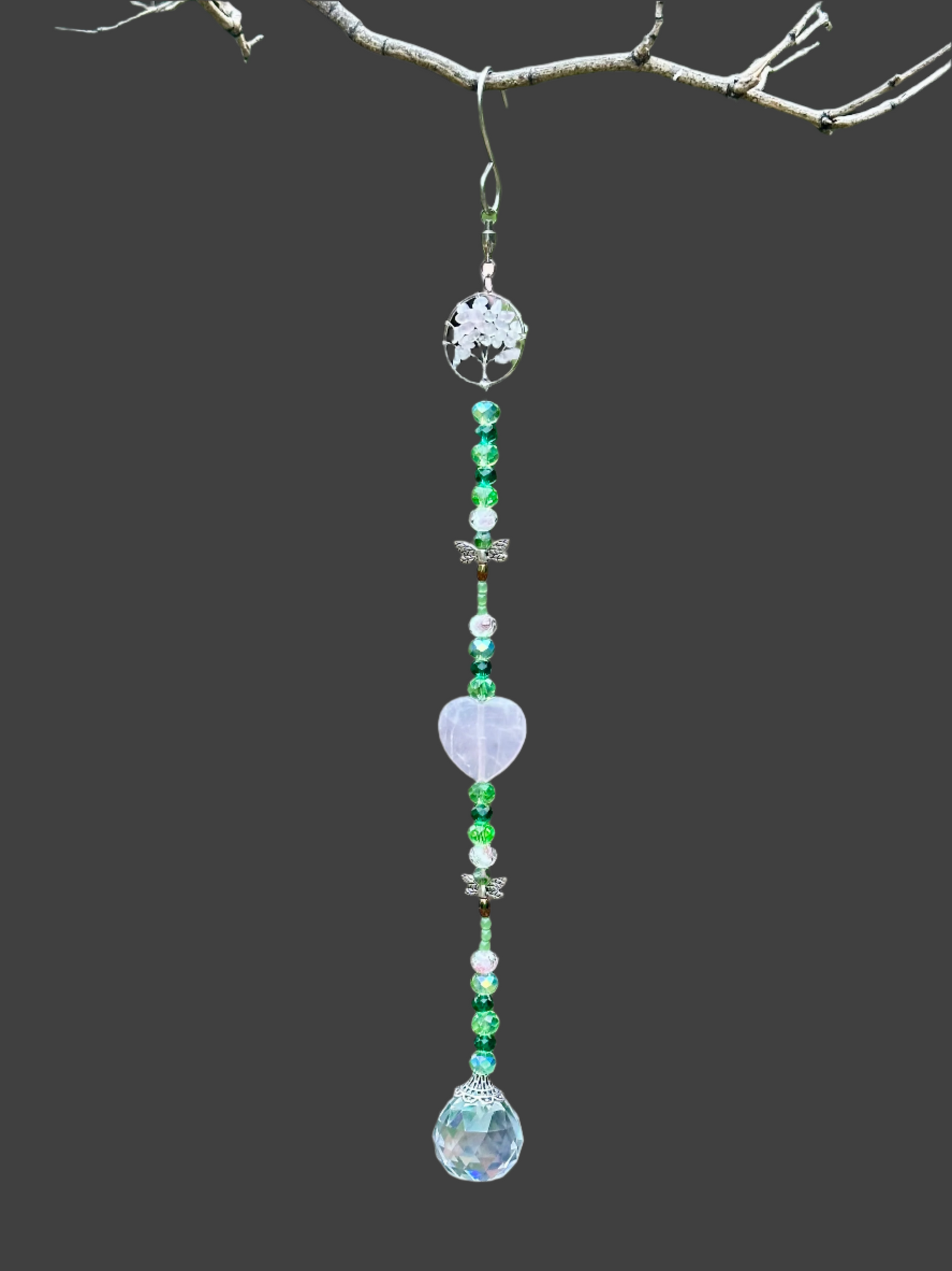 Rose Quartz and Green Aventurine Dragonfly Suncatcher