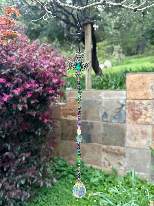 Antique Silver Cross Suncatcher with Fluorite and Citrine Natural Stones