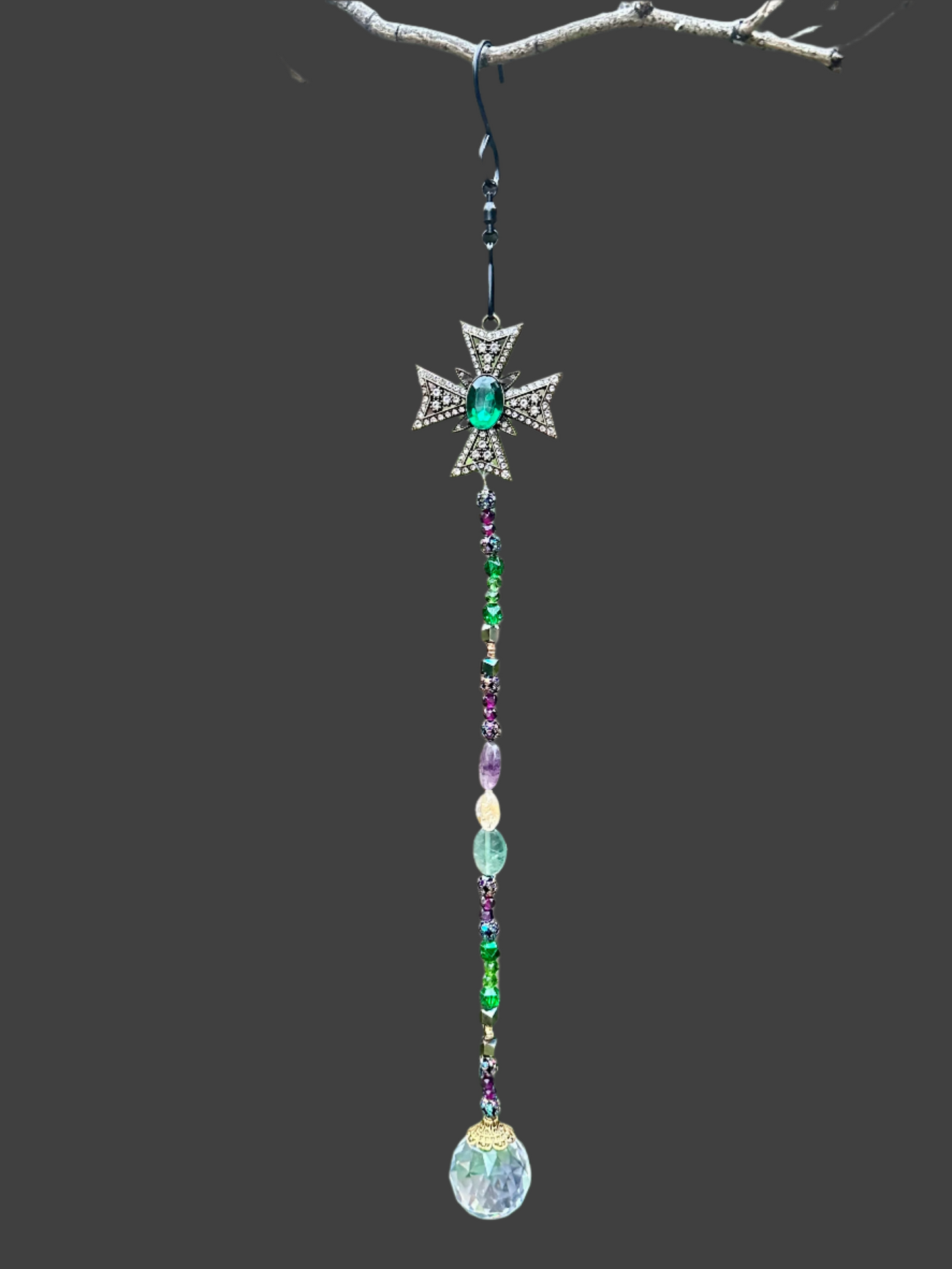 Antique Silver Cross Suncatcher with Fluorite and Citrine Natural Stones