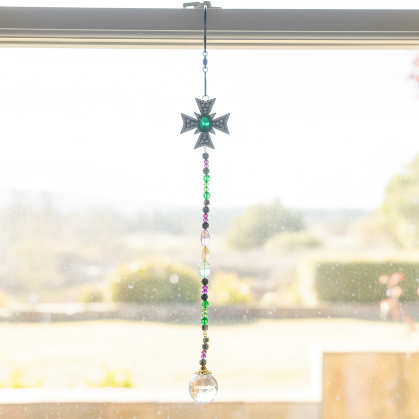 Antique Silver Cross Suncatcher with Fluorite and Citrine Stones