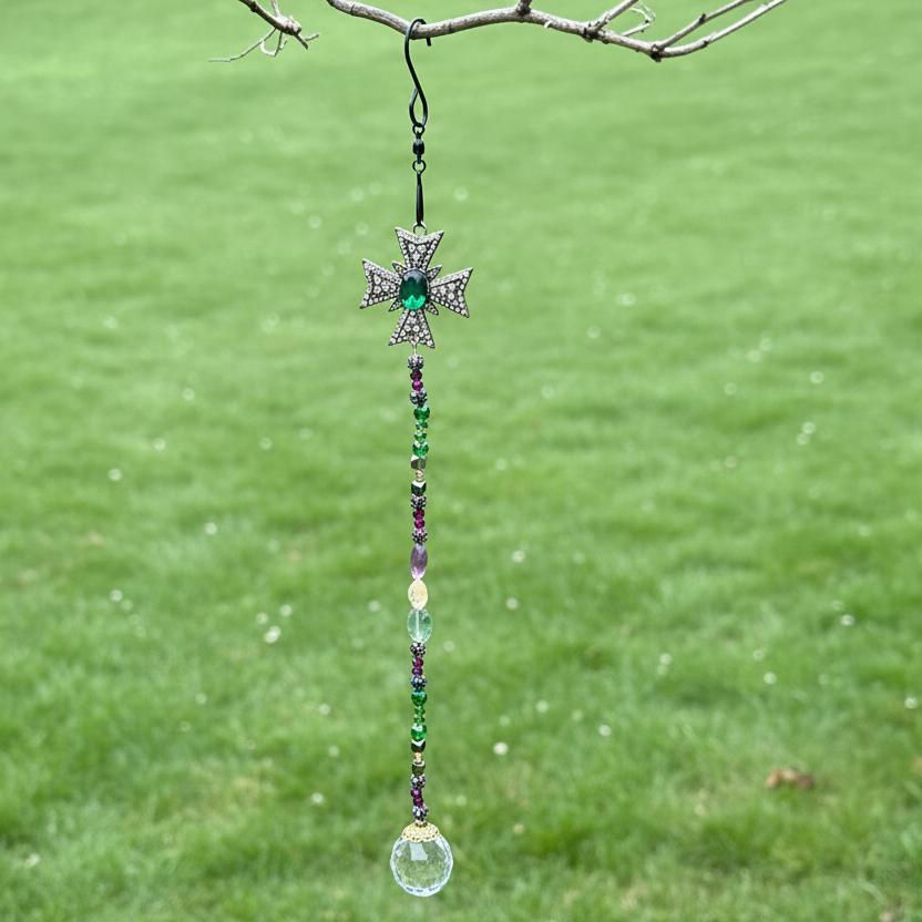 Antique Silver Cross Suncatcher with Fluorite and Citrine Stones