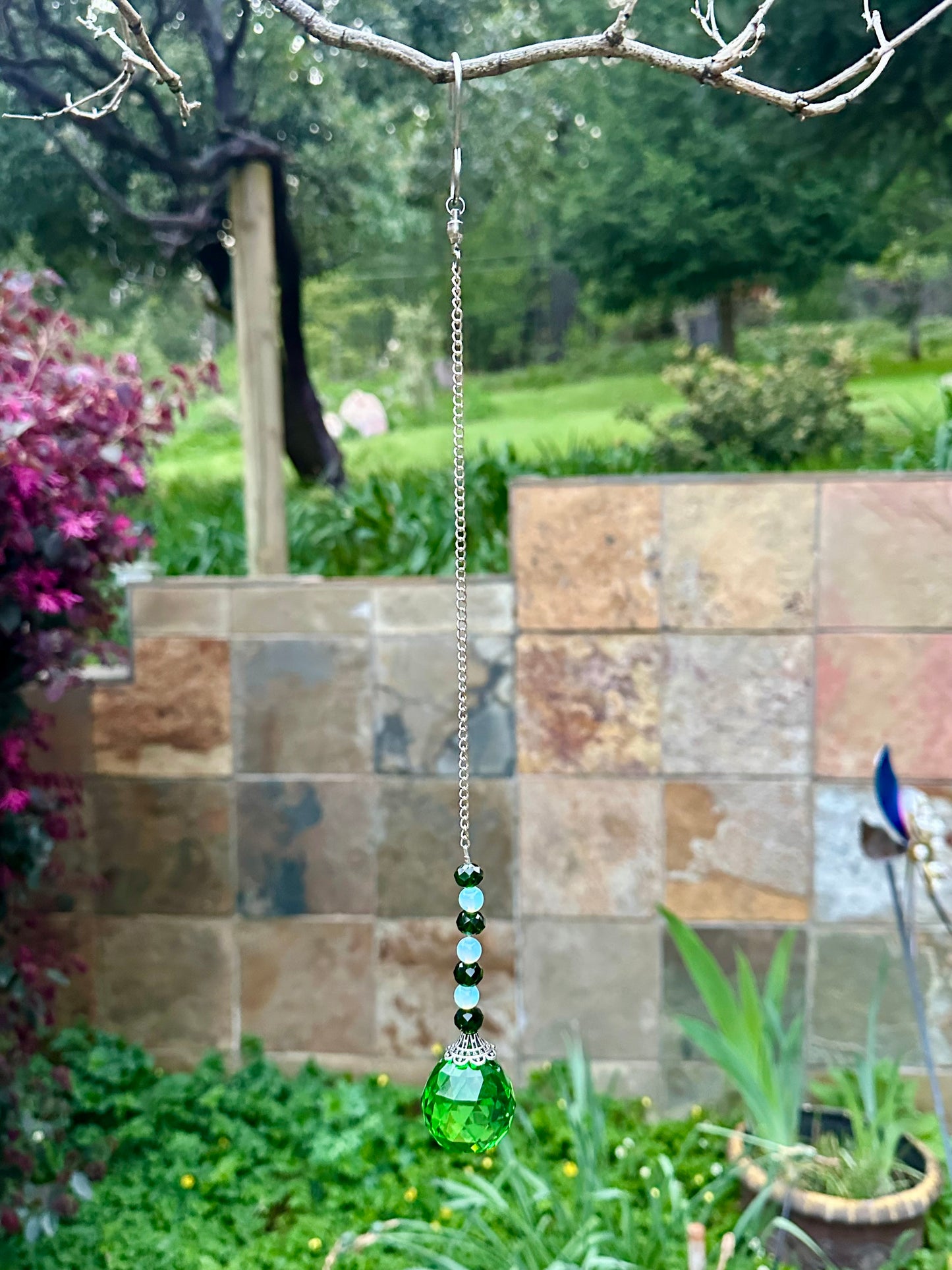 Green and Opal Glass Suncatcher on Silver Chain