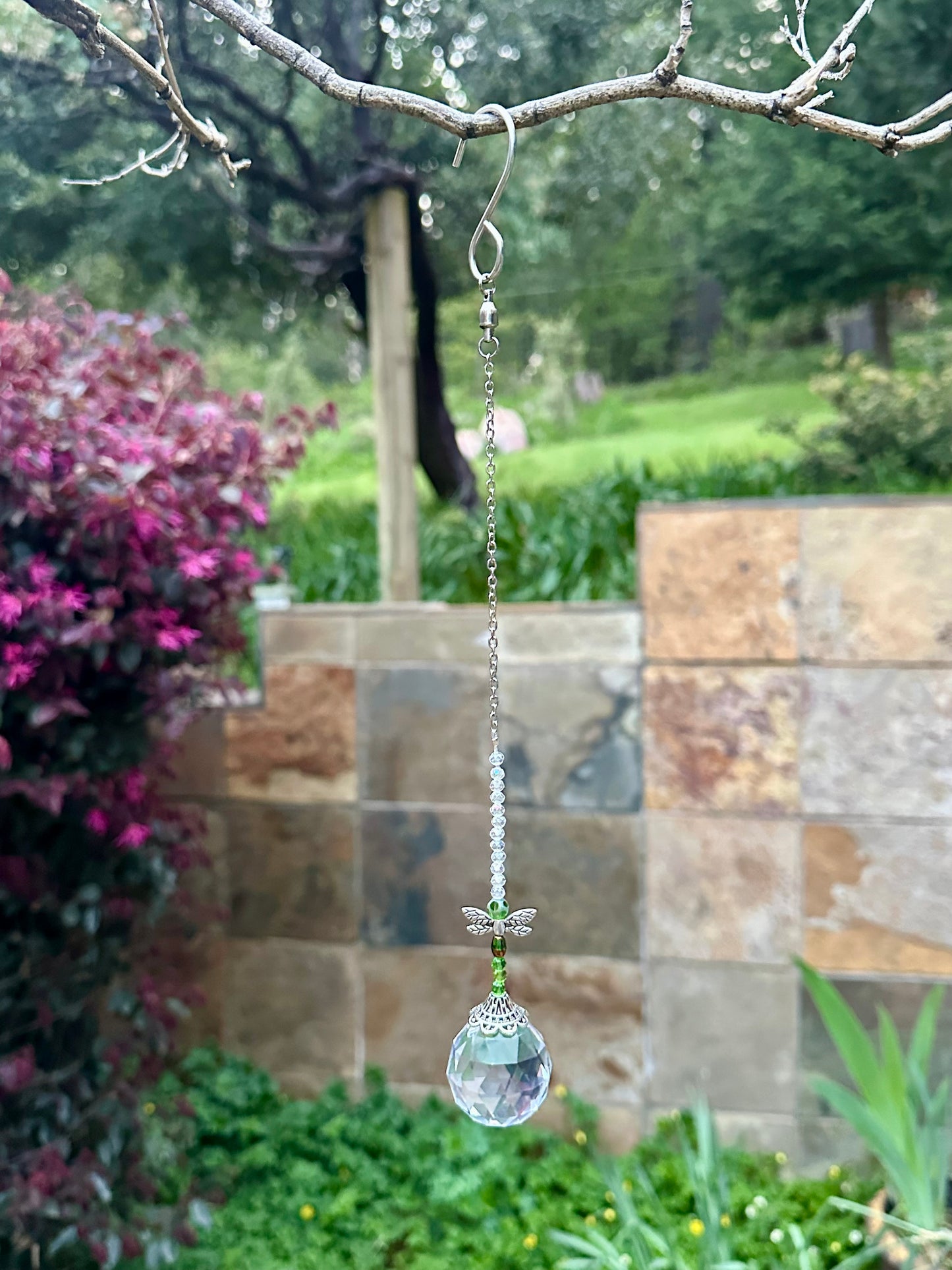 Green and Clear Faceted Glass Dragonfly Suncatcher on Silver Chain