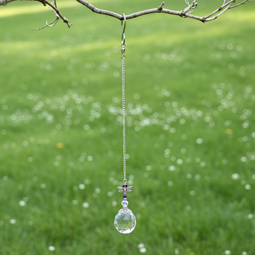 Amethyst Dragonfly Suncatcher on Silver Chain with Crystal Prism